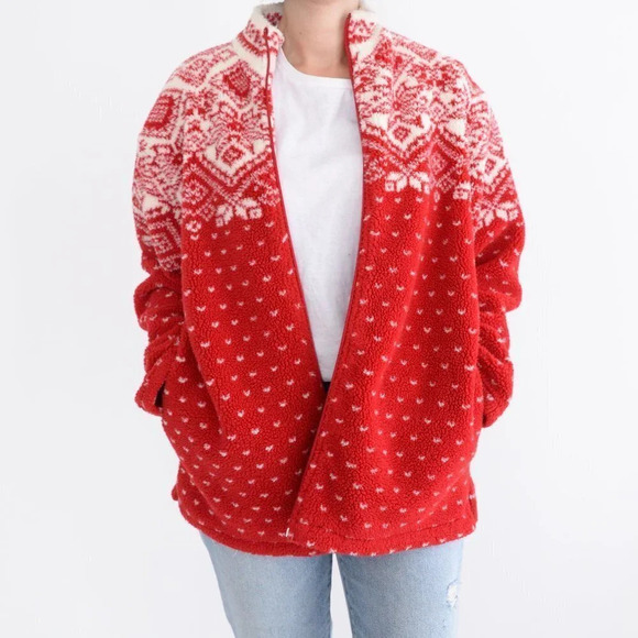 Vintage Norther Reflections Red & Cream Winter Design Fleece Zip Up Sweater Med - Picture 2 of 13
